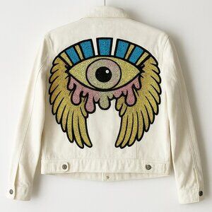 Morgan Claire Watch Your Back White Denim Sequin Evil Eye Wings Trucker Size s